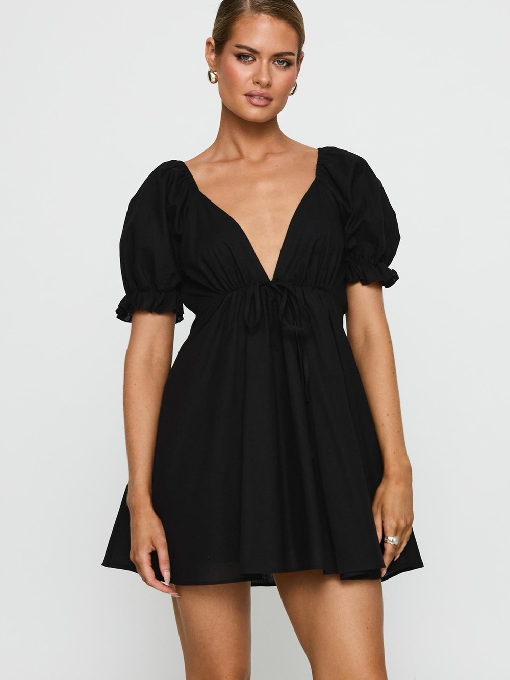 Princess Polly Black Deep V Puff Sleeve Mini Dress